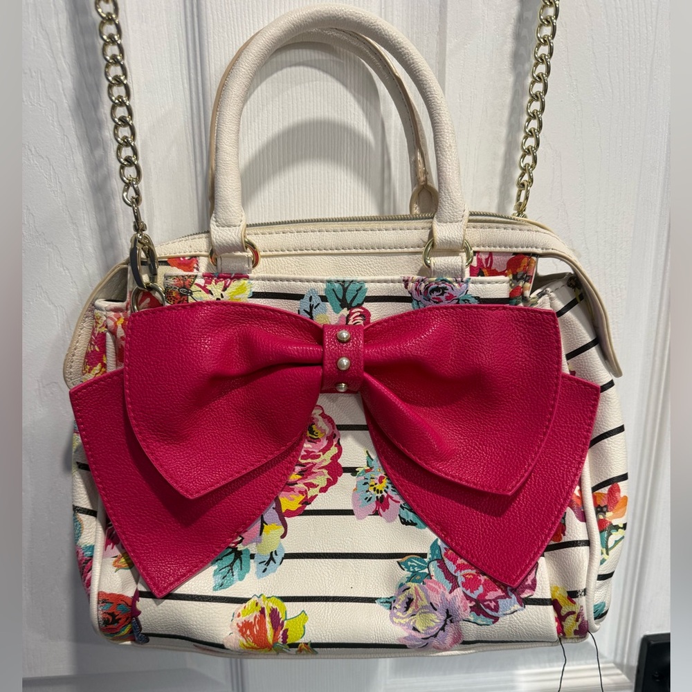 Betsey Johnson Floral Striped Handbag with Pink Bow
